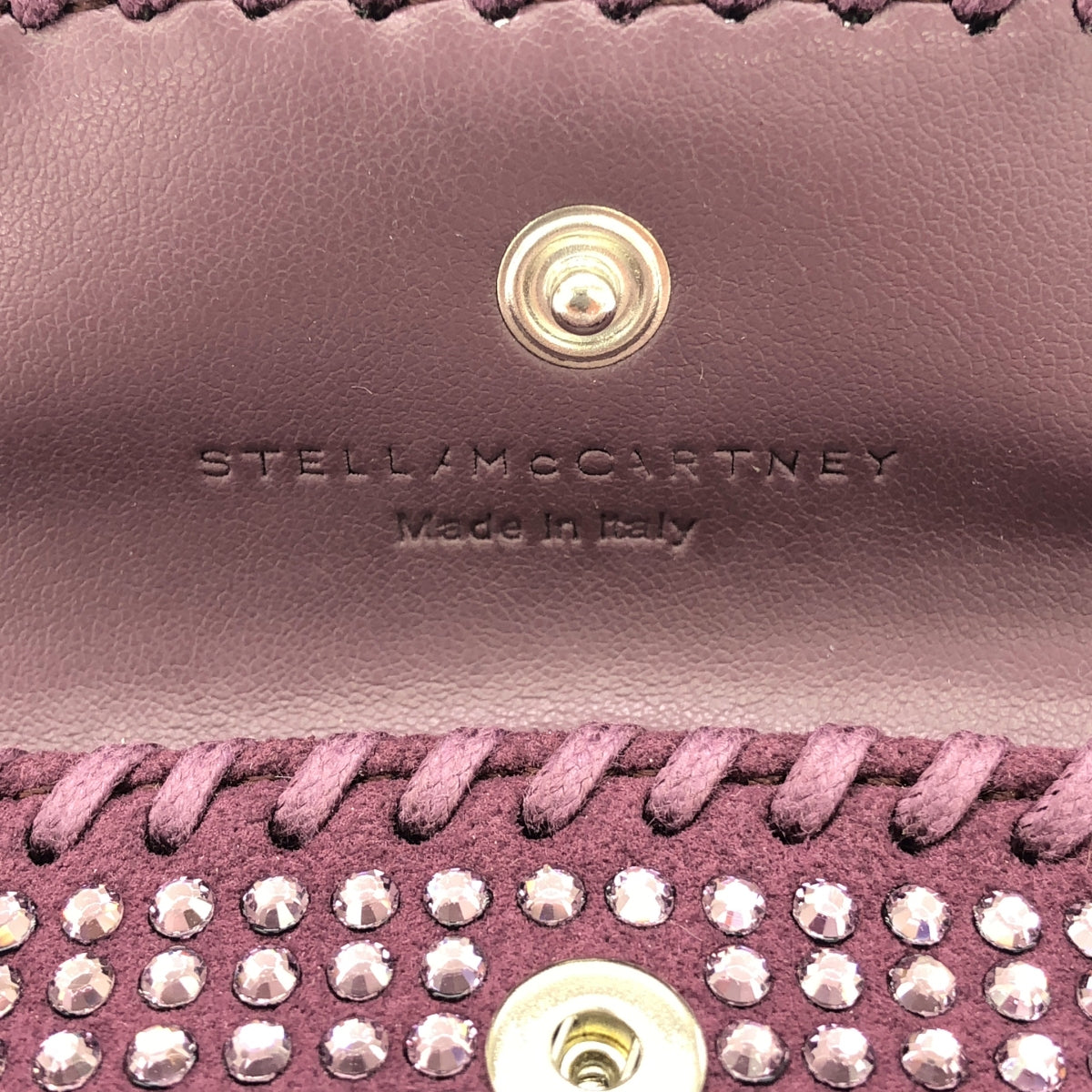 【美品】 STELLA McCARTNEY / ステラマッカートニー | Eco All Over Crystal Card Holder / レザー 装飾 チェーンショルダー カードケース ミニポーチ バッグ | LIGHT AMETHYST | レディース