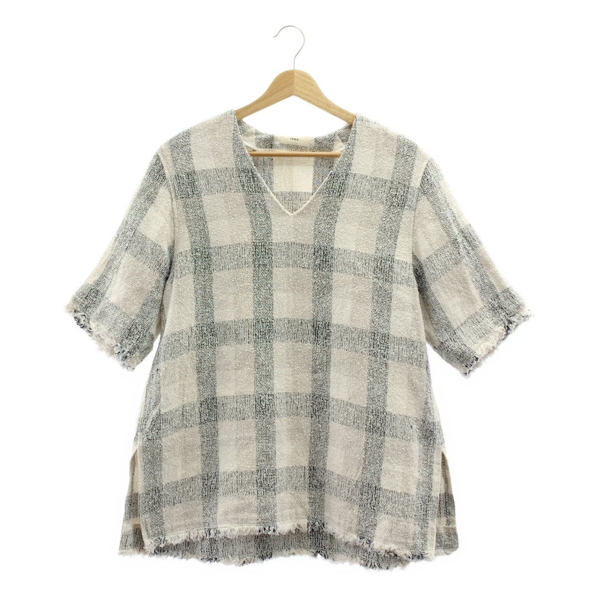 【미품】 IENA / 예나 | 2021SS | LINEN Tweed / 린넨 트위드 프린지 슬릿 롱 T블라우스 | F | 화이트 / 블랙 계열 | 여성