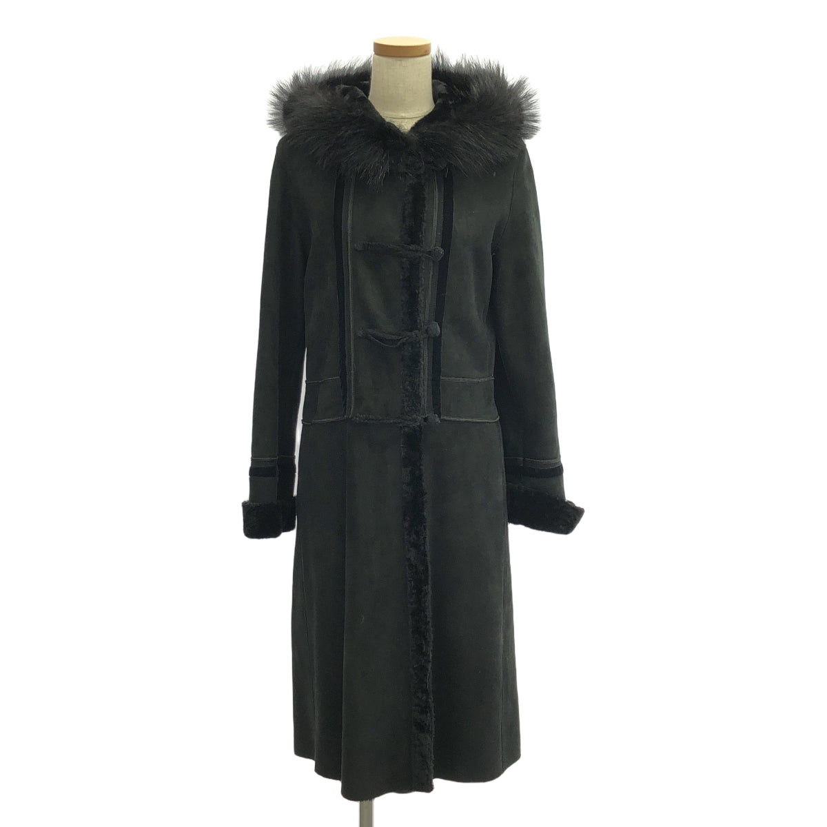 ETNATION | 羊皮毛一體長毛皮連帽外套 | 42 | 黑色 | 女款