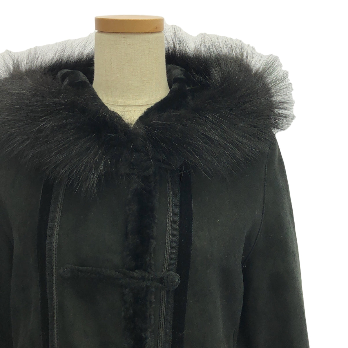 ETNATION | 羊皮毛一體長毛皮連帽外套 | 42 | 黑色 | 女款