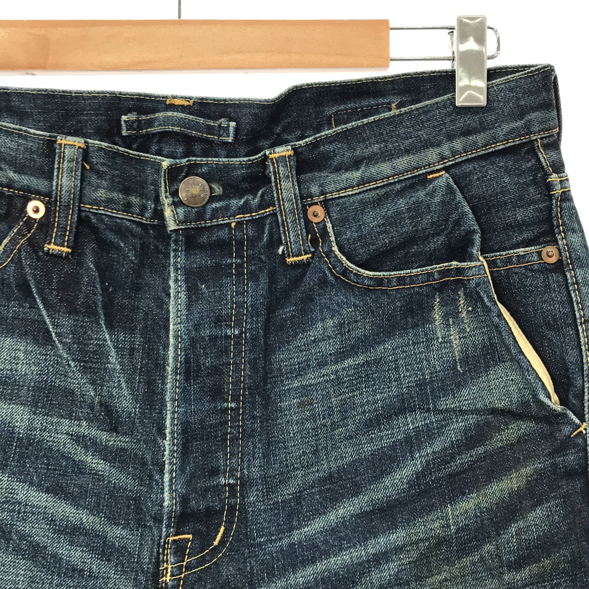 MIHARA YASUHIRO | Vintage-finished, cinch-back cropped denim pants | 46 | Indigo/Black | Men's