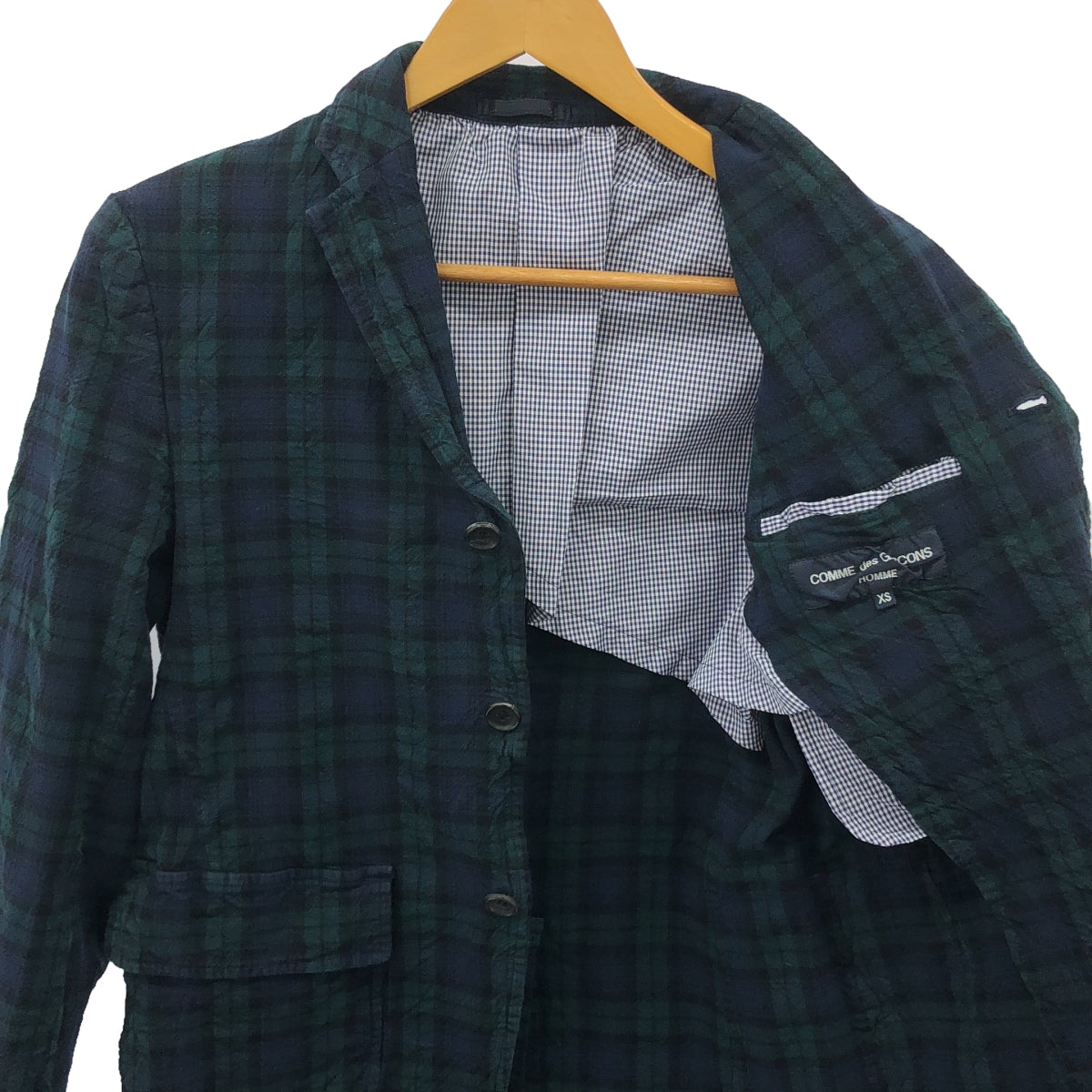 COMME des GARCONS HOMME | 2011SS | Cotton acrylic blend wrinkled check tailored jacket | XS | Green / Navy | Men's