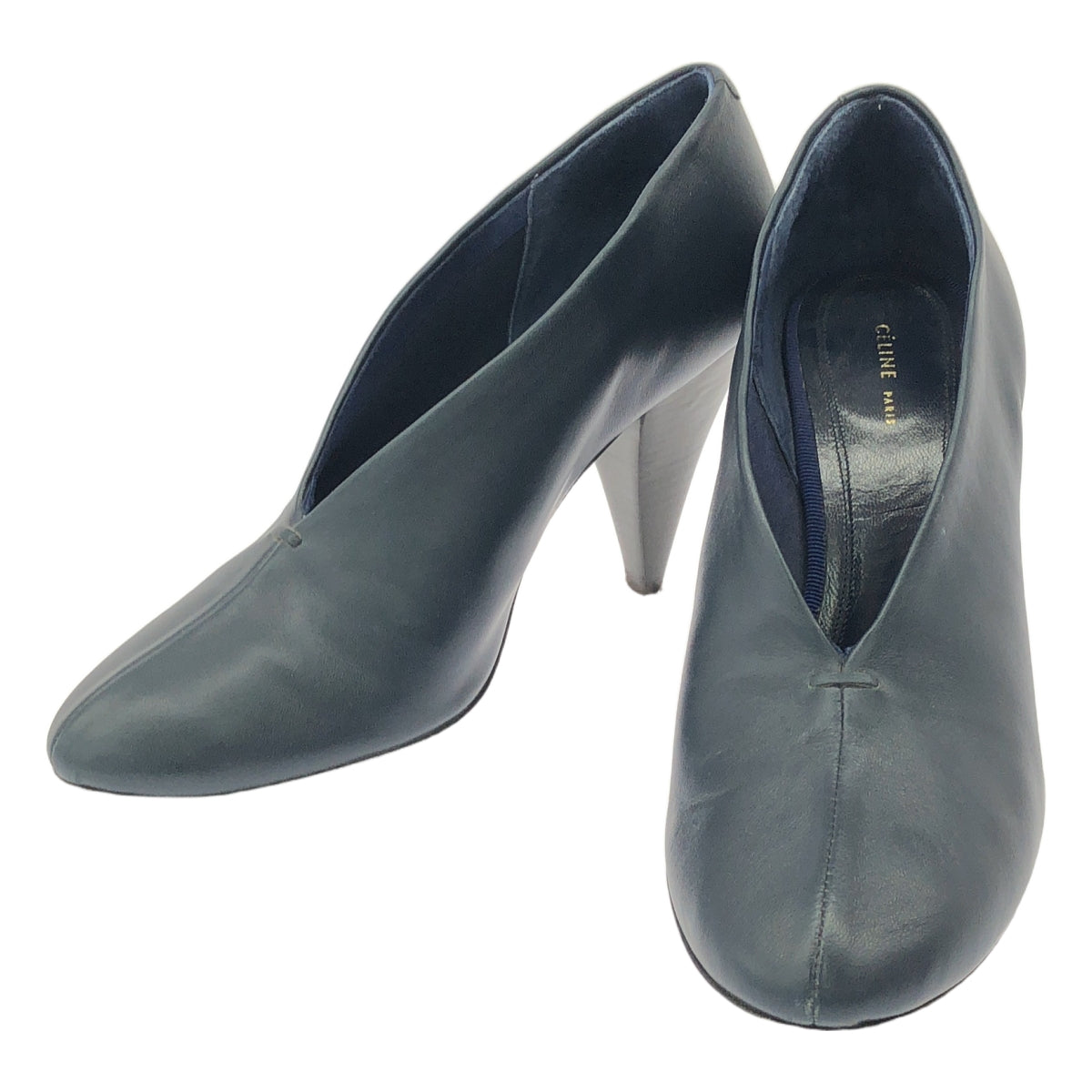 CELINE / セリーヌ | フィービー期 レザー ラウンドトゥ ウッド ヒール パンプス | 36 1/2 | ネイビー | レディース