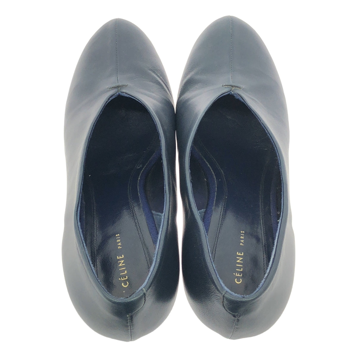 CELINE / セリーヌ | フィービー期 レザー ラウンドトゥ ウッド ヒール パンプス | 36 1/2 | ネイビー | レディース