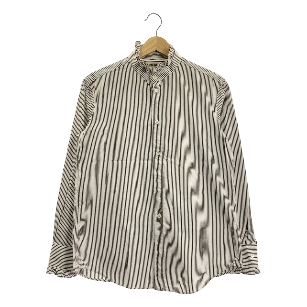 CELINE / セリーヌ | ストライプ フリル カラー シャツ | 40 | ホワイト/ブラウン | レディース