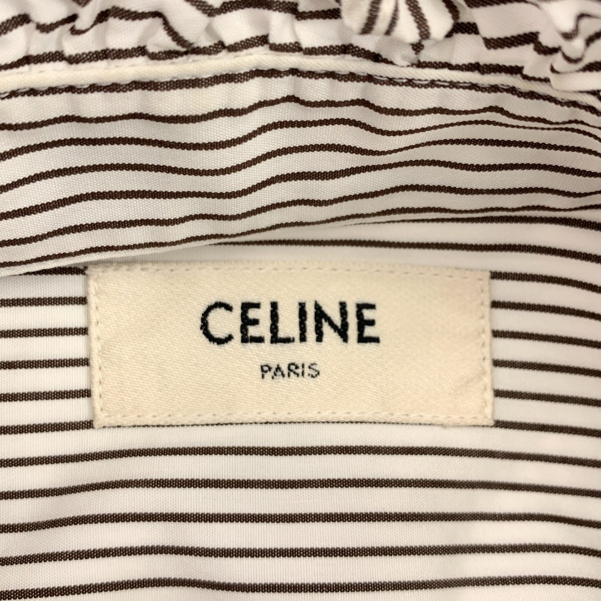 CELINE / セリーヌ | ストライプ フリル カラー シャツ | 40 | ホワイト/ブラウン | レディース