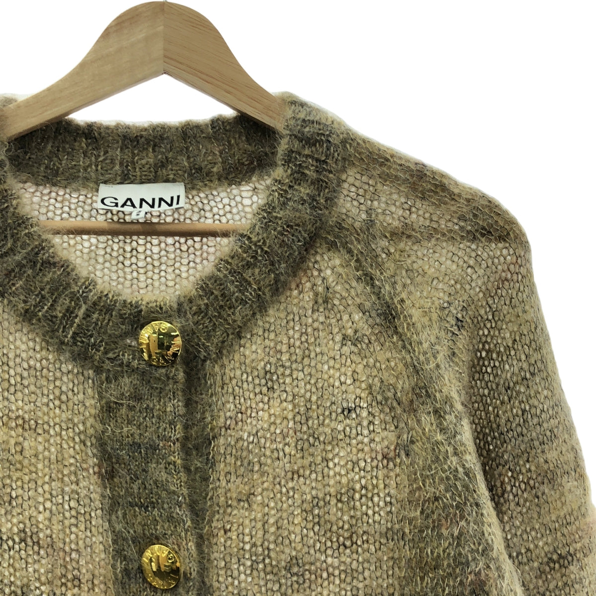 Ganni / ガニー | Brushed Mohair Cardigan / モヘヤ ウール ロゴ 金ボタン ニット カーディガン | S | レディース