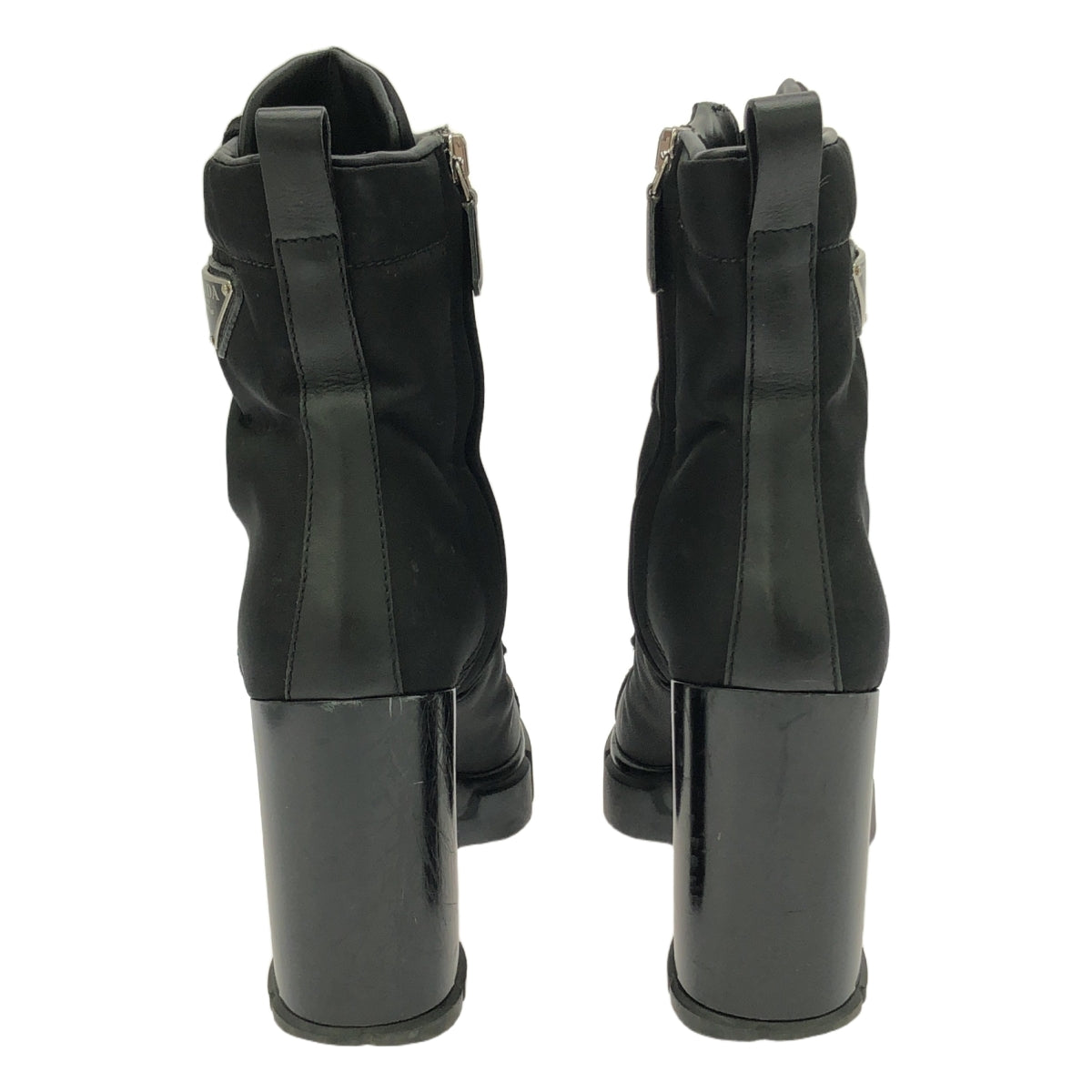 PRADA / プラダ | Leather and Nylon Ankle Boots / プレート ナイロン切替 レザー ヒールブーツ | 36 | ブラック | レディース