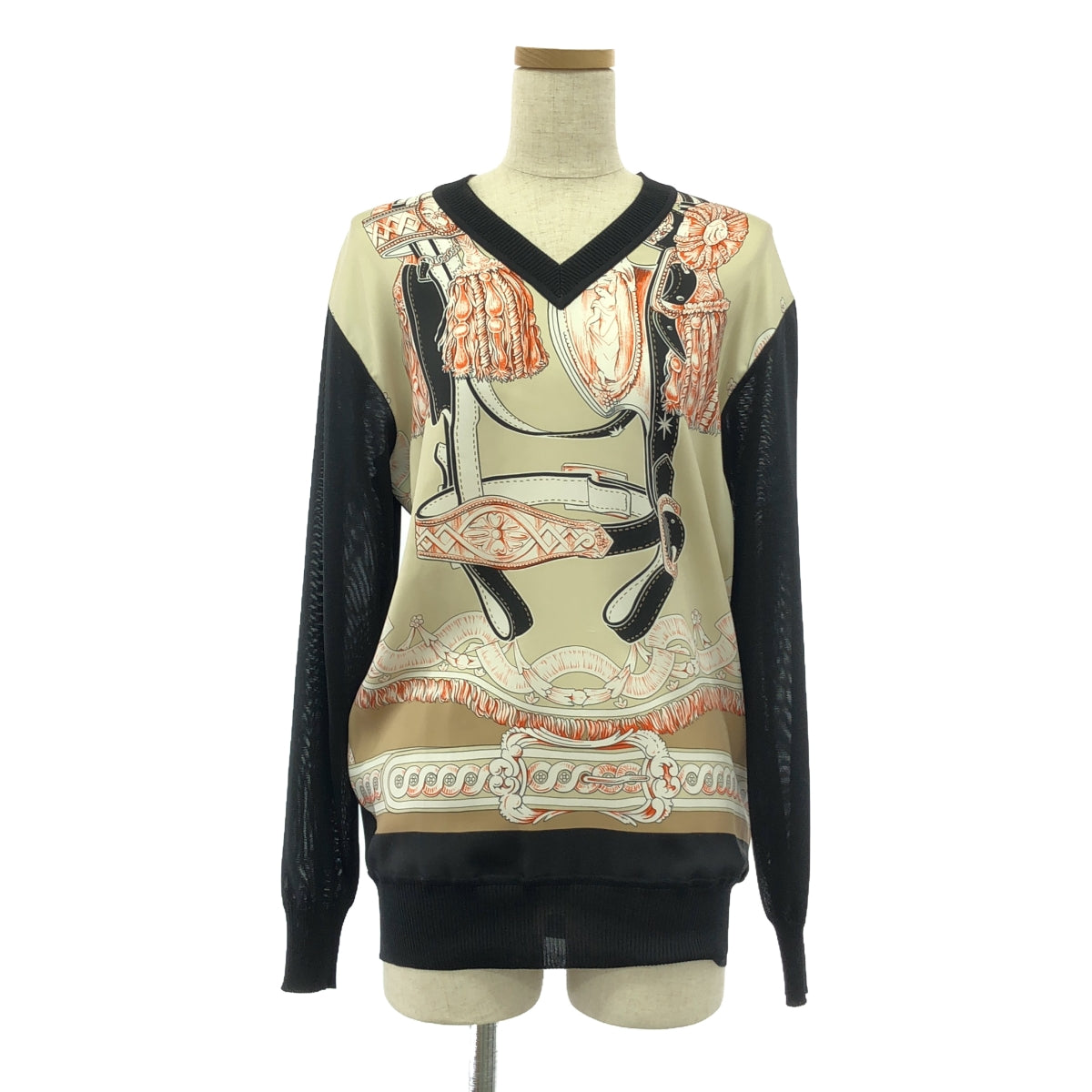【미품】 HERMES / 헤르메스 | silk 100 % / 실크 트윌 레인 스카프 니트 풀오버 | 34 | 베이지 / 블랙 | 여성