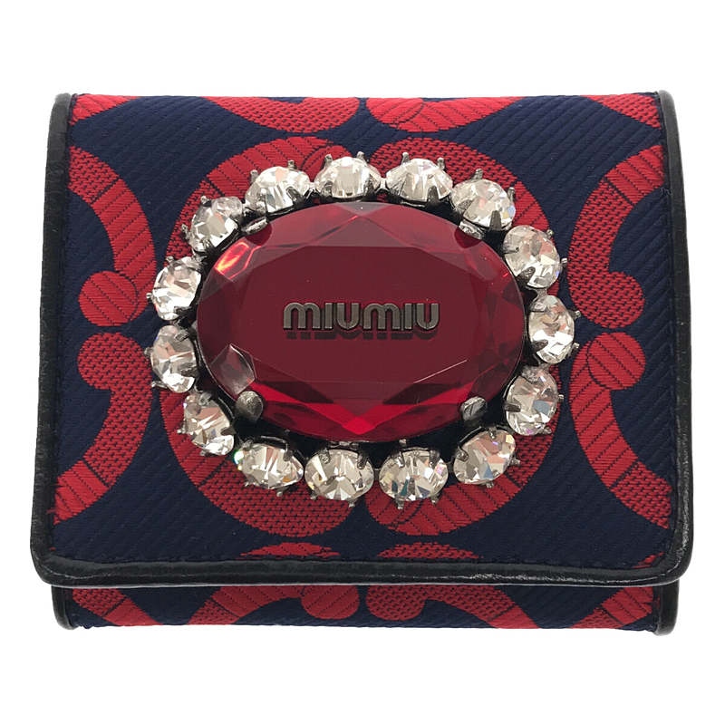 【美品】  miu miu / ミュウミュウ | レザー 切替 シルク ジャガード 刺繍 クリスタル ビジュー 装飾 コインケース 財布 箱・保存袋有 | ー | ネイビー/レッド | レディース