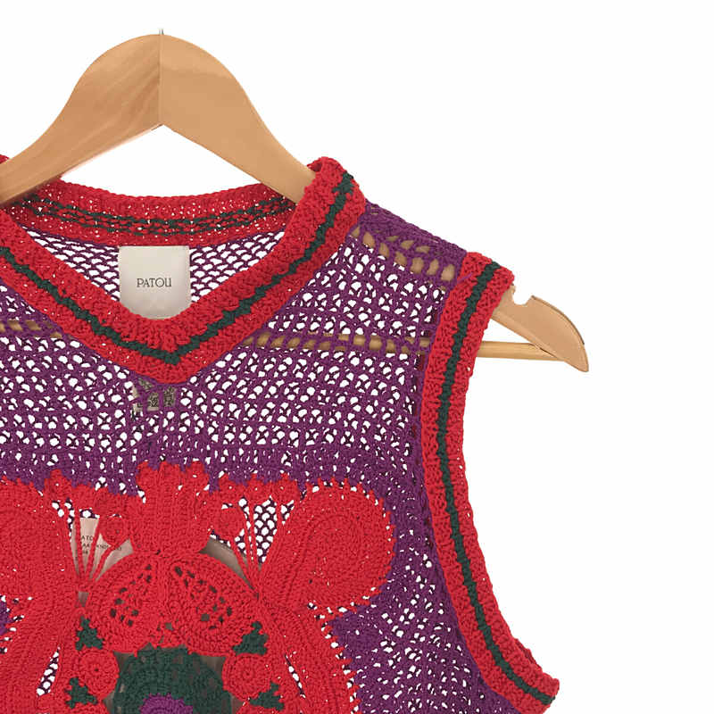 【신품】 PATOU / 파투 | 2021AW | Handmade Crochet Sleeveles 꽃 모티브 핸드메이드 니트 크로쉐 베스트 | S | 퍼플 / 레드 | 여성