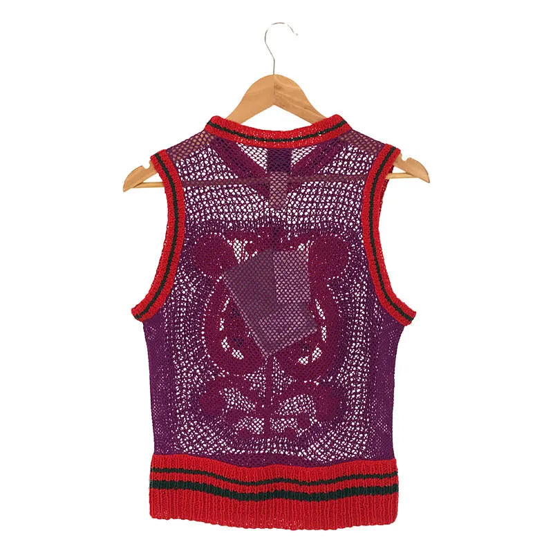 【新品】  PATOU / パトゥ | 2021AW | Handmade Crochet Sleeveles フラワー モチーフ ハンドメイド ニット クロシェ ベスト | S | パープル / レッド | レディース