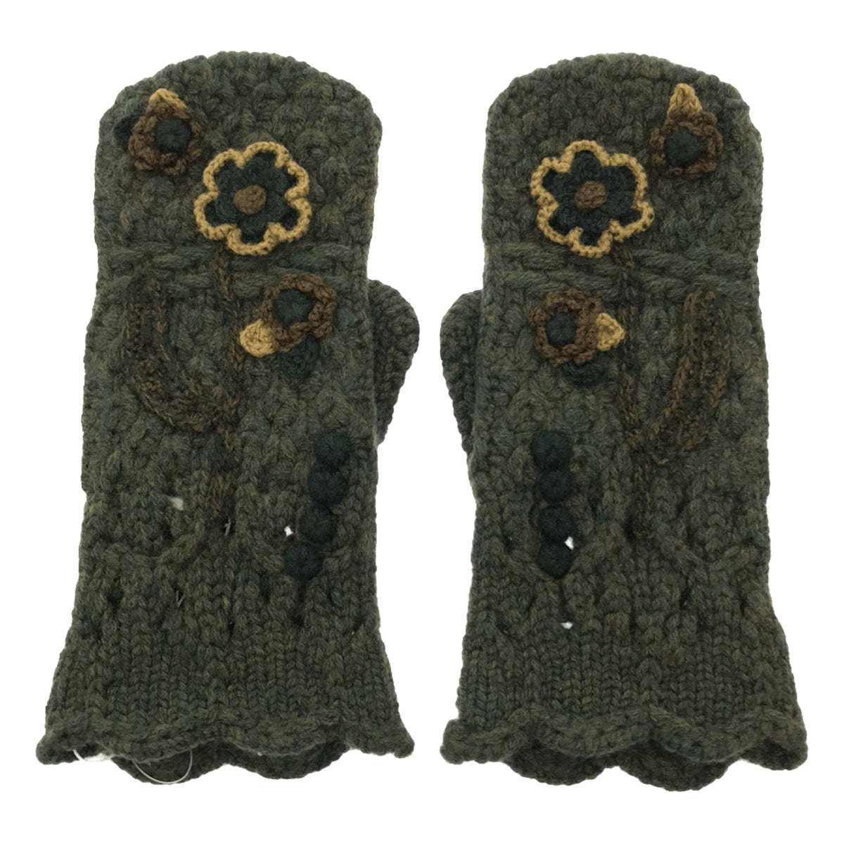 【신품】 Mame Kurogouchi / 마메쿠로고우치 | 2022AW | Floral Motif Hand－Knitted Gloves / 장갑 장갑 | 1 | KHAKI | 여성