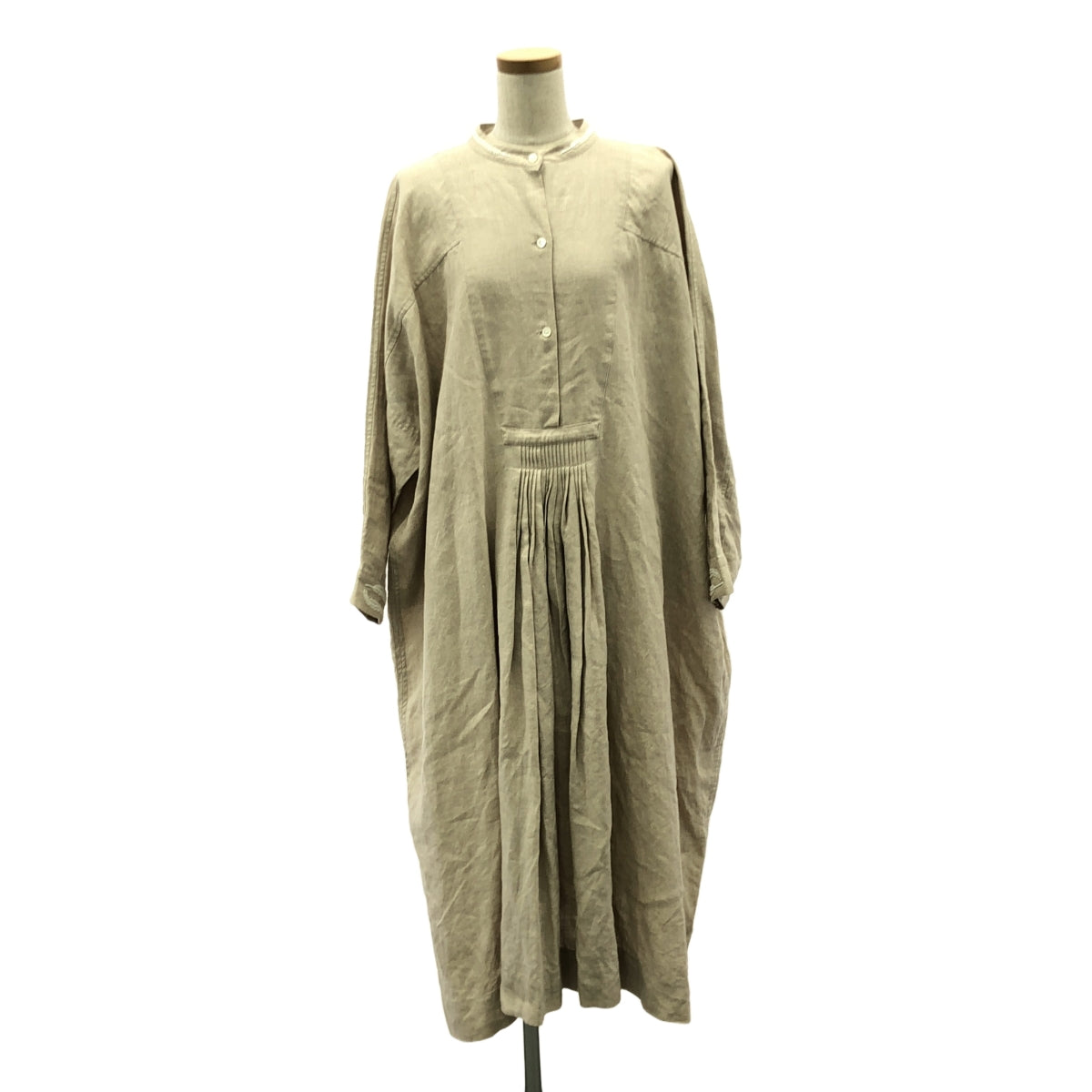 【美品】  TOWAVASE / トワヴァーズ | リネン 装飾 バンドカラー プリーツ ボリューム ワンピース | ベージュ | レディース