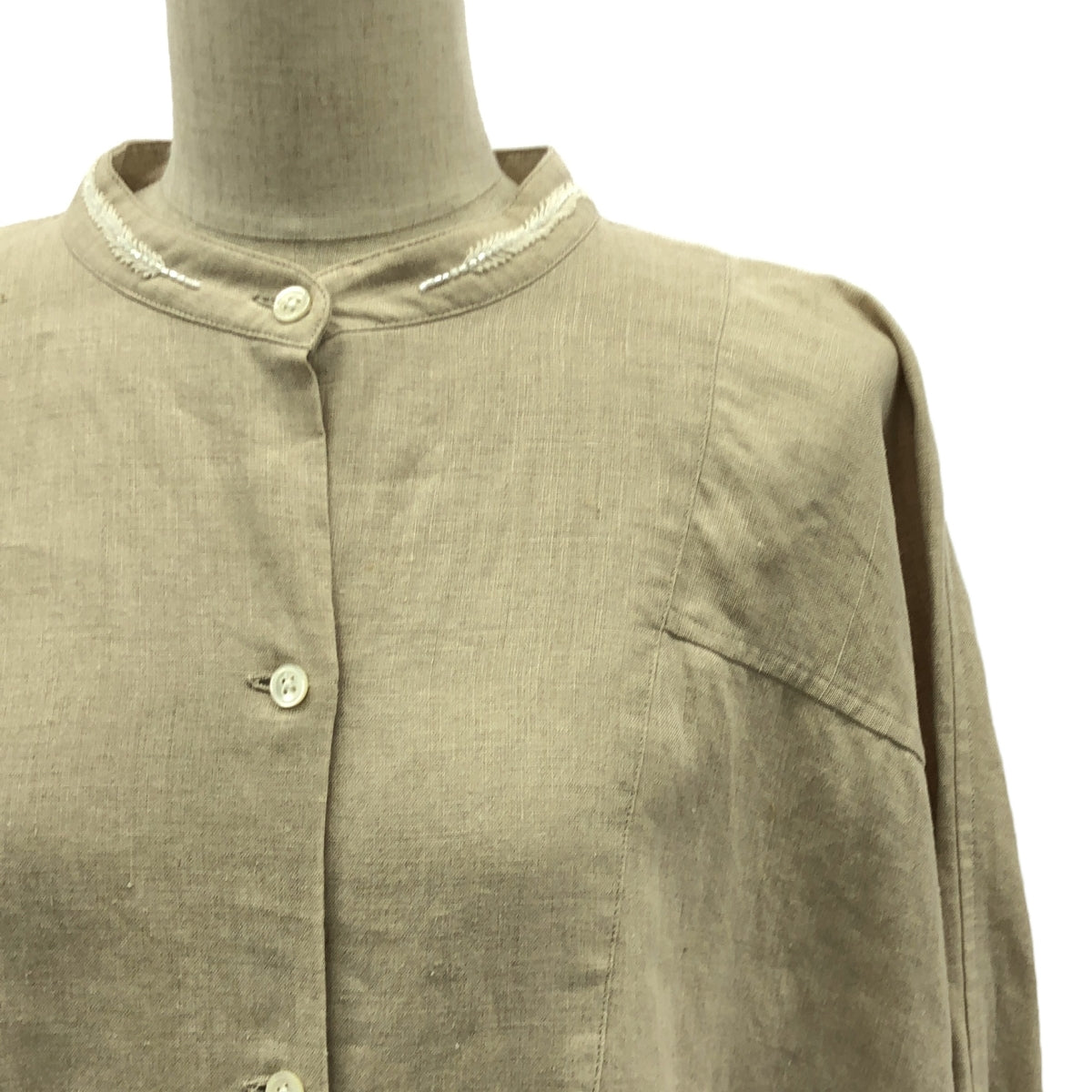 【미품】 TOWAVASE / 트와바즈 | 린넨 장식 밴드 컬러 주름 볼륨 원피스 | 베이지 | 여성