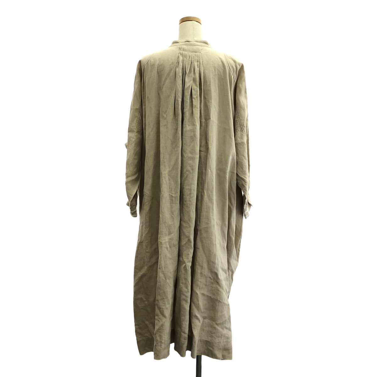 【美品】  TOWAVASE / トワヴァーズ | リネン 装飾 バンドカラー プリーツ ボリューム ワンピース | ベージュ | レディース