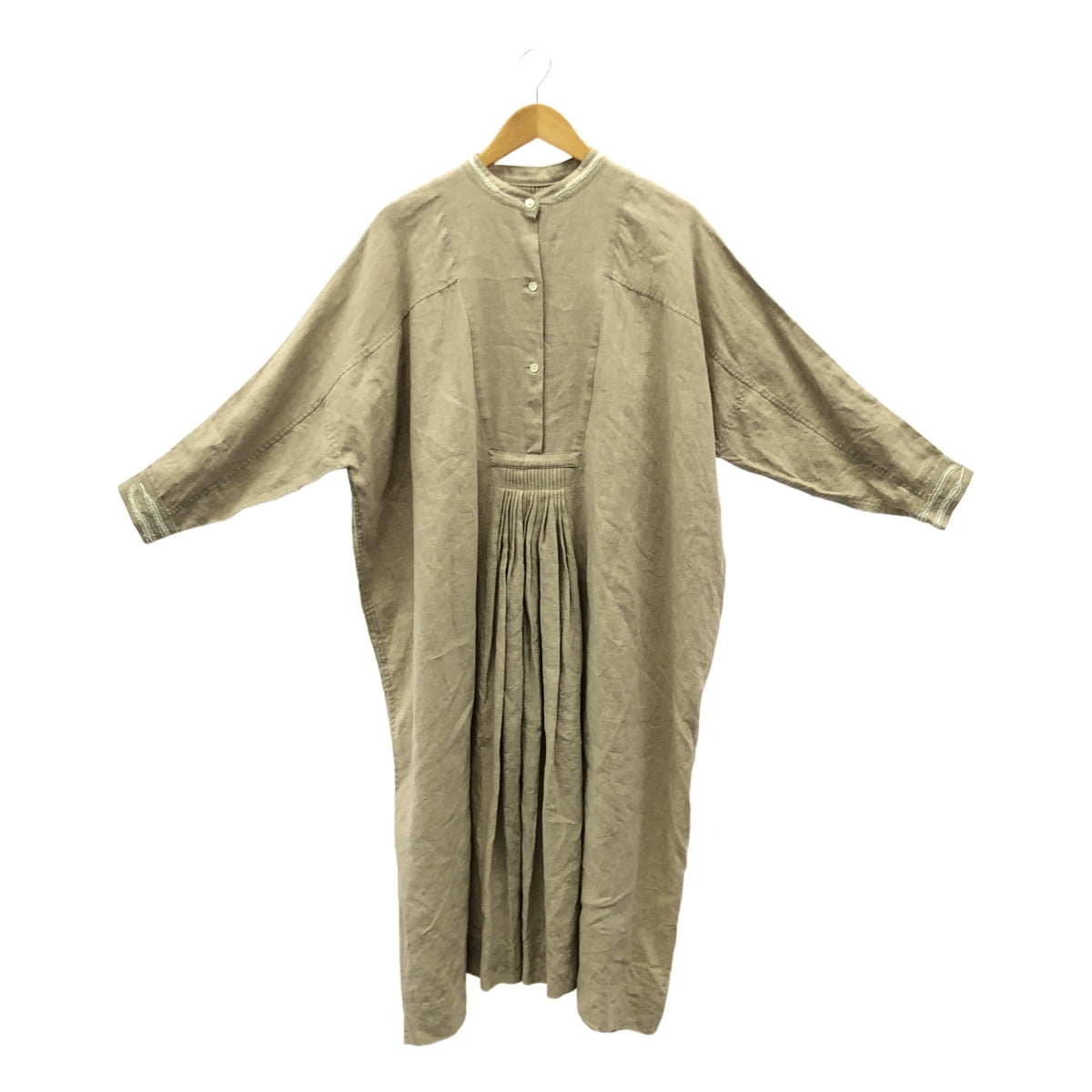 【美品】  TOWAVASE / トワヴァーズ | リネン 装飾 バンドカラー プリーツ ボリューム ワンピース | ベージュ | レディース