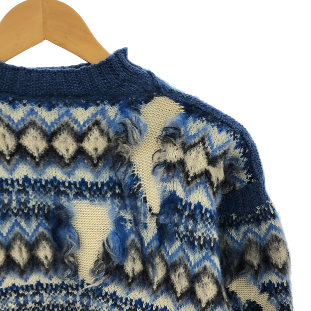 【미품】 Maison Margiela / 메종 마르제라 | 2022SS | INTARSIA SWEATER 데미지 가공 니트 | XS | 블루/블랙/아이보리 | 여성