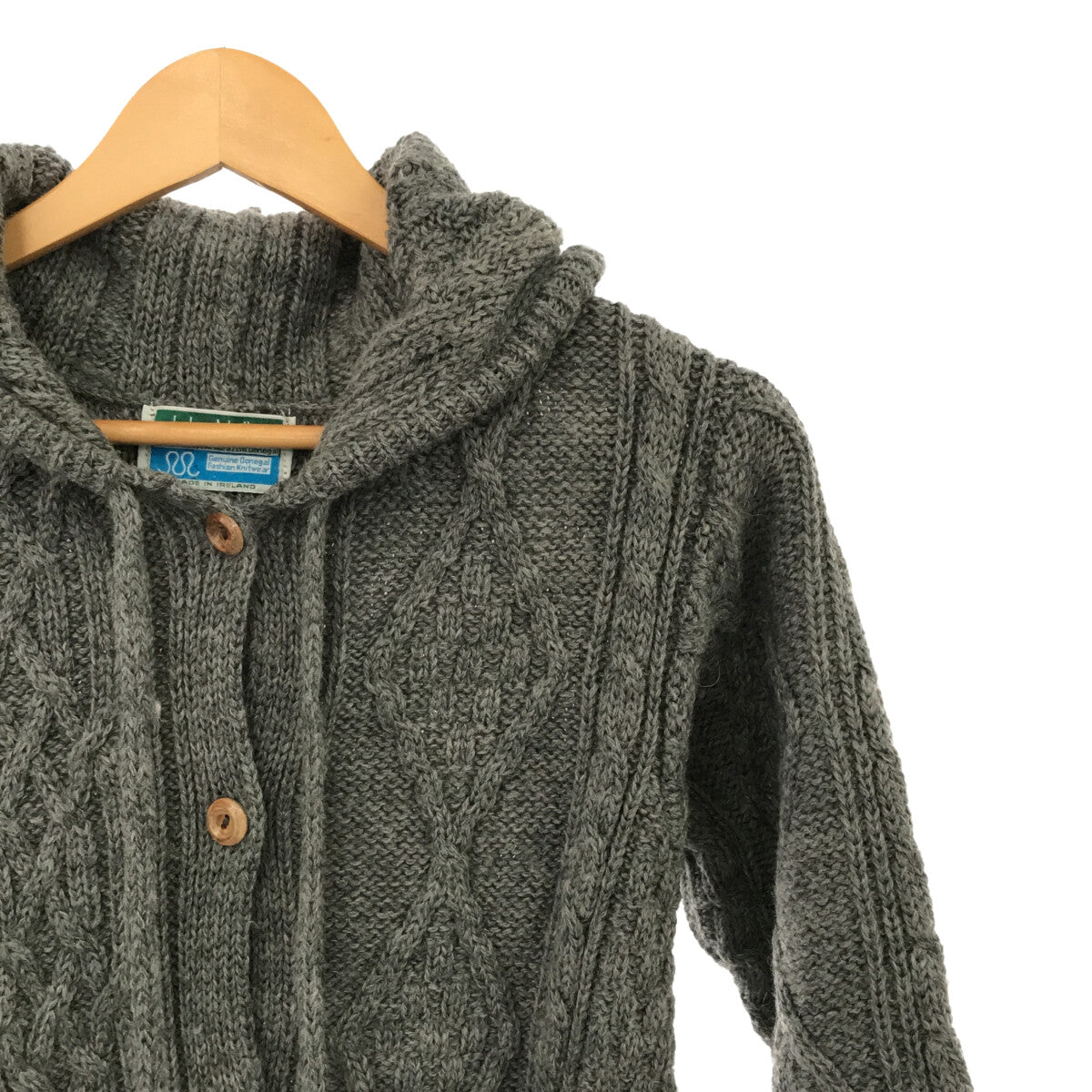 John Molloy | British made wool Aran cable knit hooded cardigan | Grey | Women's