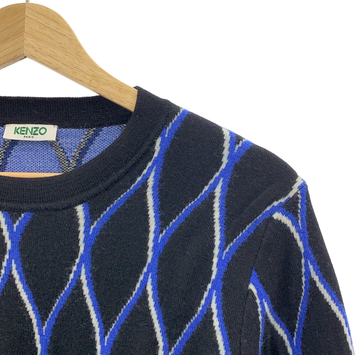 KENZO / ケンゾー | ウール 総柄 プルオーバー ニット | M | ブラック/ブルー | メンズ