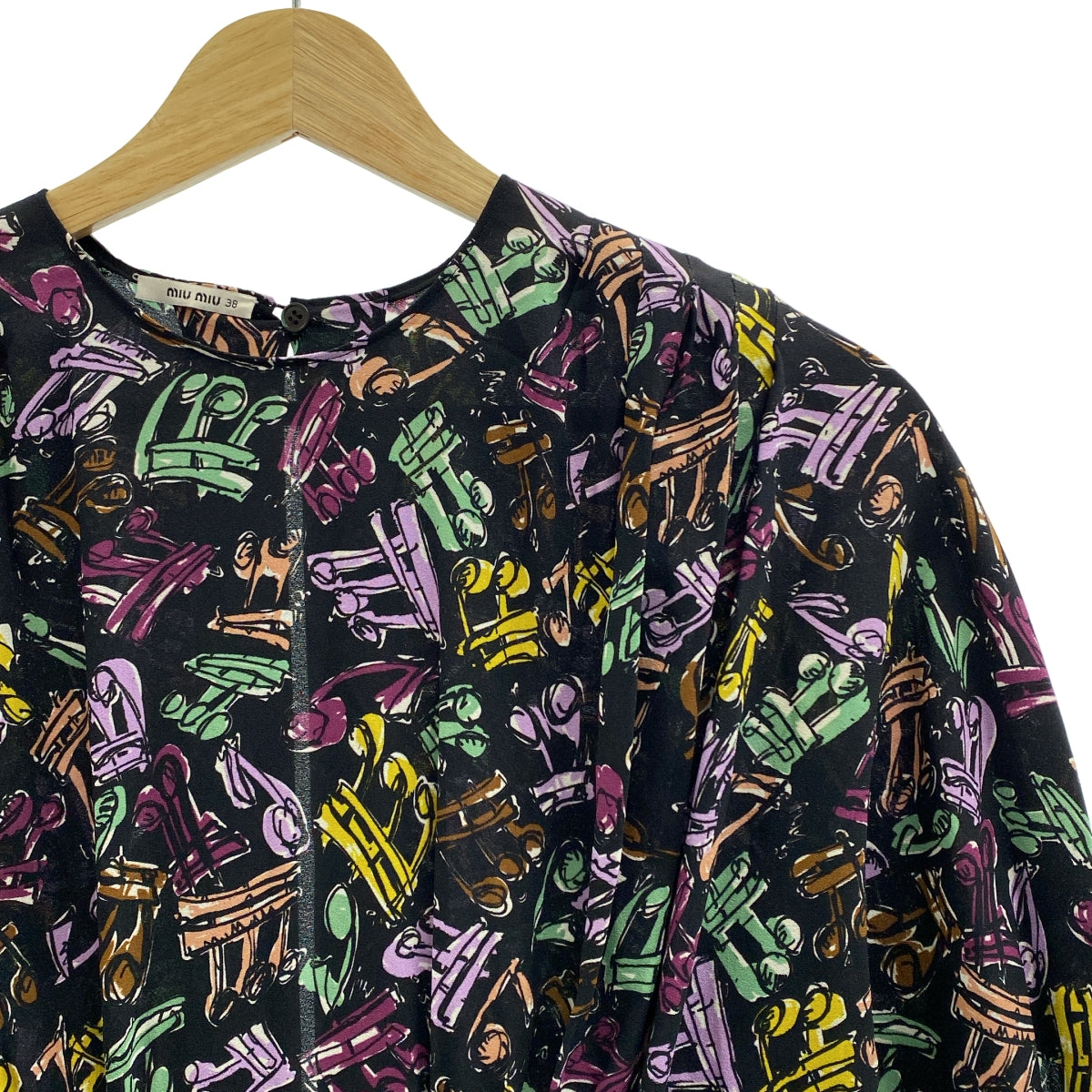 miu miu / 뮤 뮤 | 허리 개더 백 오픈 총 무늬 원피스 | 38 | 멀티 컬러 | 여성