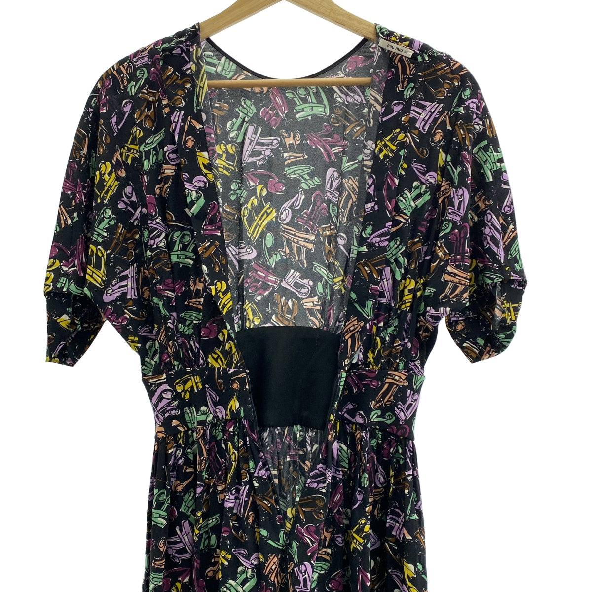 miu miu / 뮤 뮤 | 허리 개더 백 오픈 총 무늬 원피스 | 38 | 멀티 컬러 | 여성