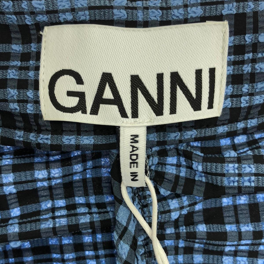 【美品】  Ganni / ガニー | チェック シアサッカー ギャザー スクエアネック ティアード ワンピース | 36 | ブルー | レディース