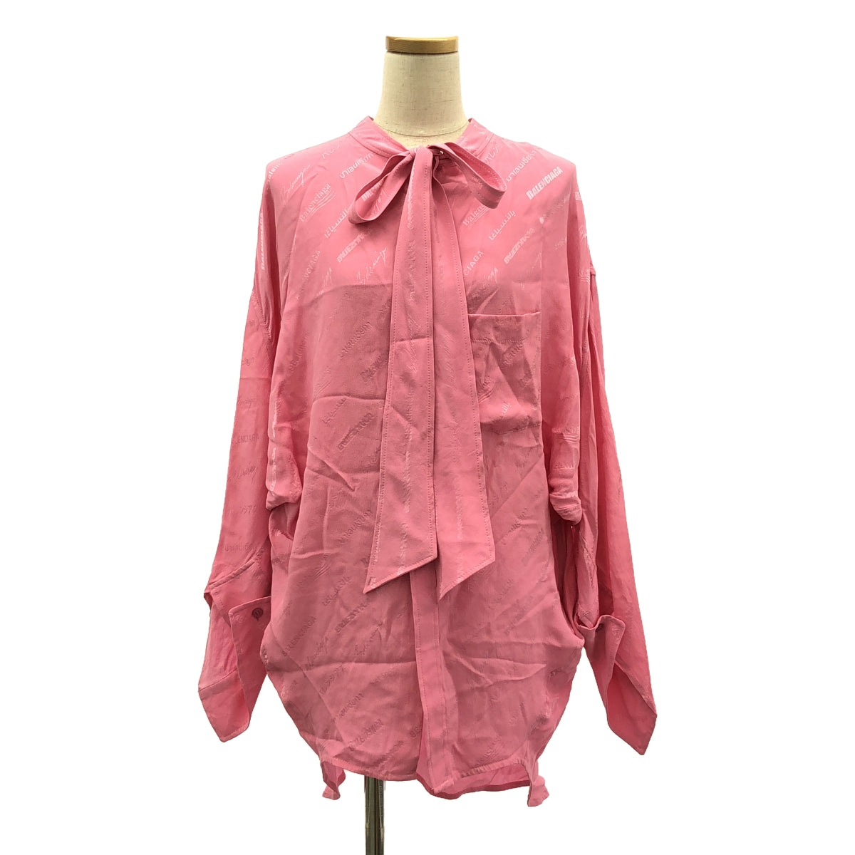 BALENCIAGA | 2022 | Logomania Allover Jacquard Shirt Silk Shirt | XS | Pink | Women's