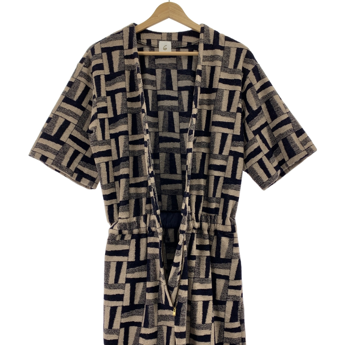 [狀況極佳] 6(ROKU) BEAUTY&amp;YOUTH | KIKA PILE ALL-IN-ONE 絨面印花連身褲 | 尺寸 36 | 米色/海軍藍 | 女款