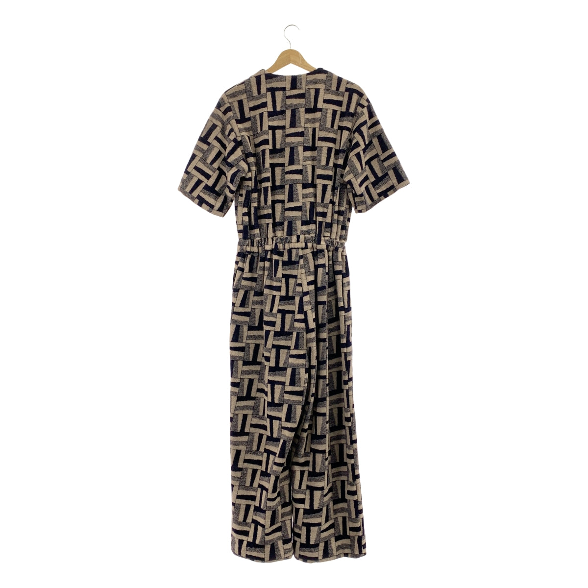 [狀況極佳] 6(ROKU) BEAUTY&amp;YOUTH | KIKA PILE ALL-IN-ONE 絨面印花連身褲 | 尺寸 36 | 米色/海軍藍 | 女款