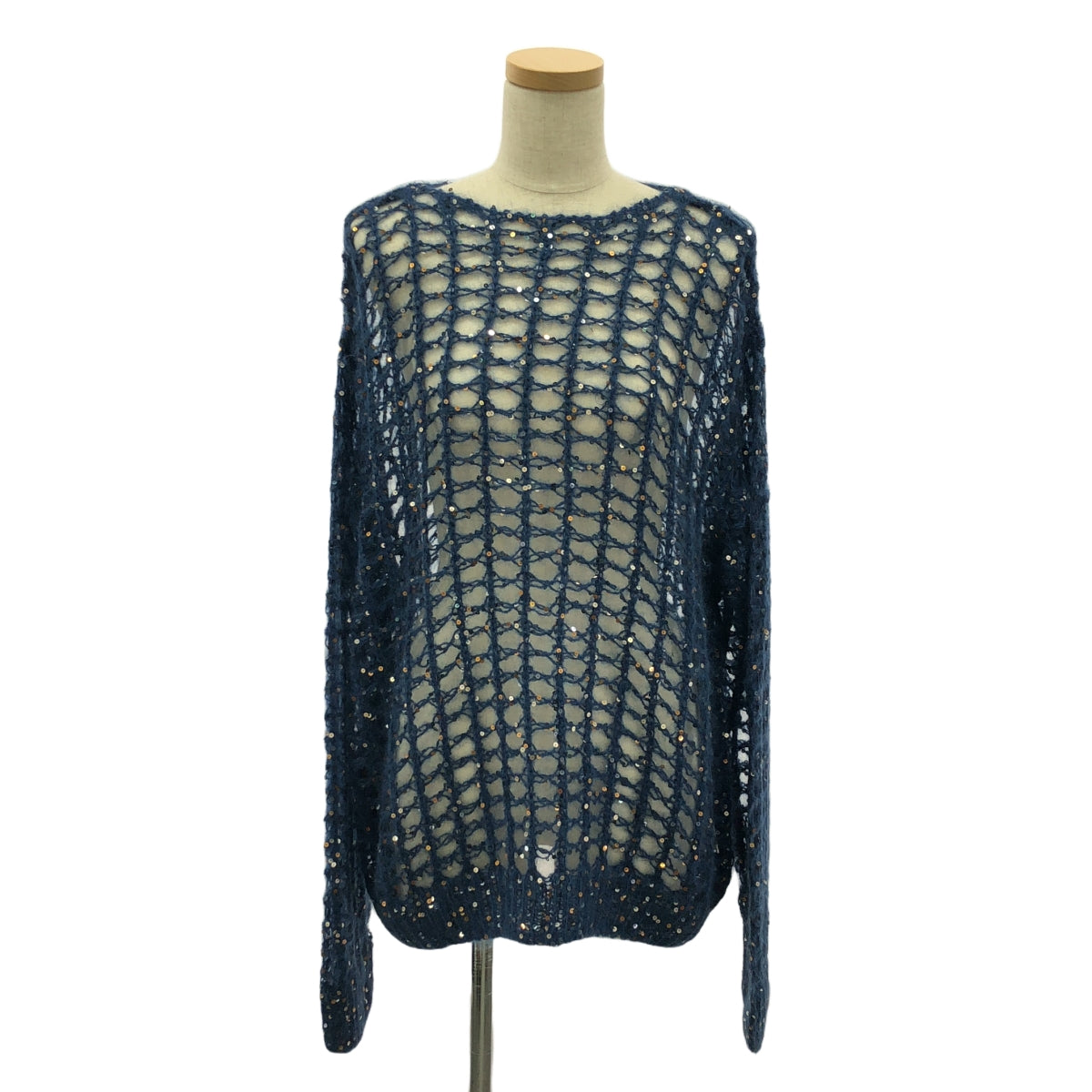 【미품】 CINOH / 치노 | 모헤야 실크 스팽글 니트 풀오버 | 38 | 네이비 | 여성