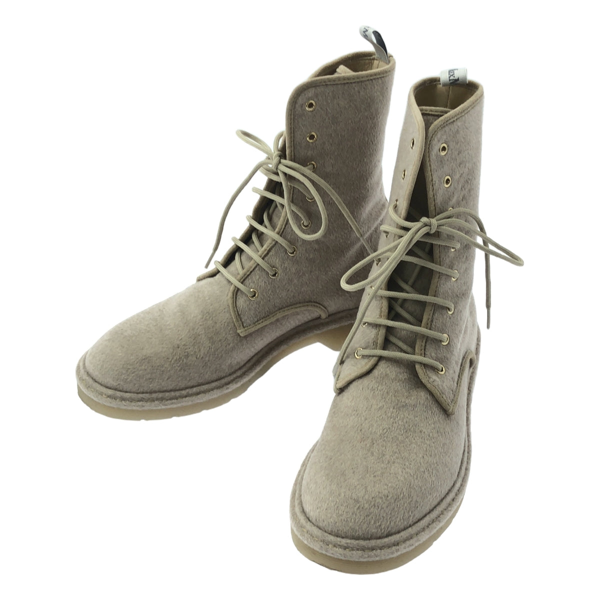 [狀況良好] Max Mara | Baker 純羊絨寬交叉踝高繫帶靴 | 38 碼 | 米色 | 女款