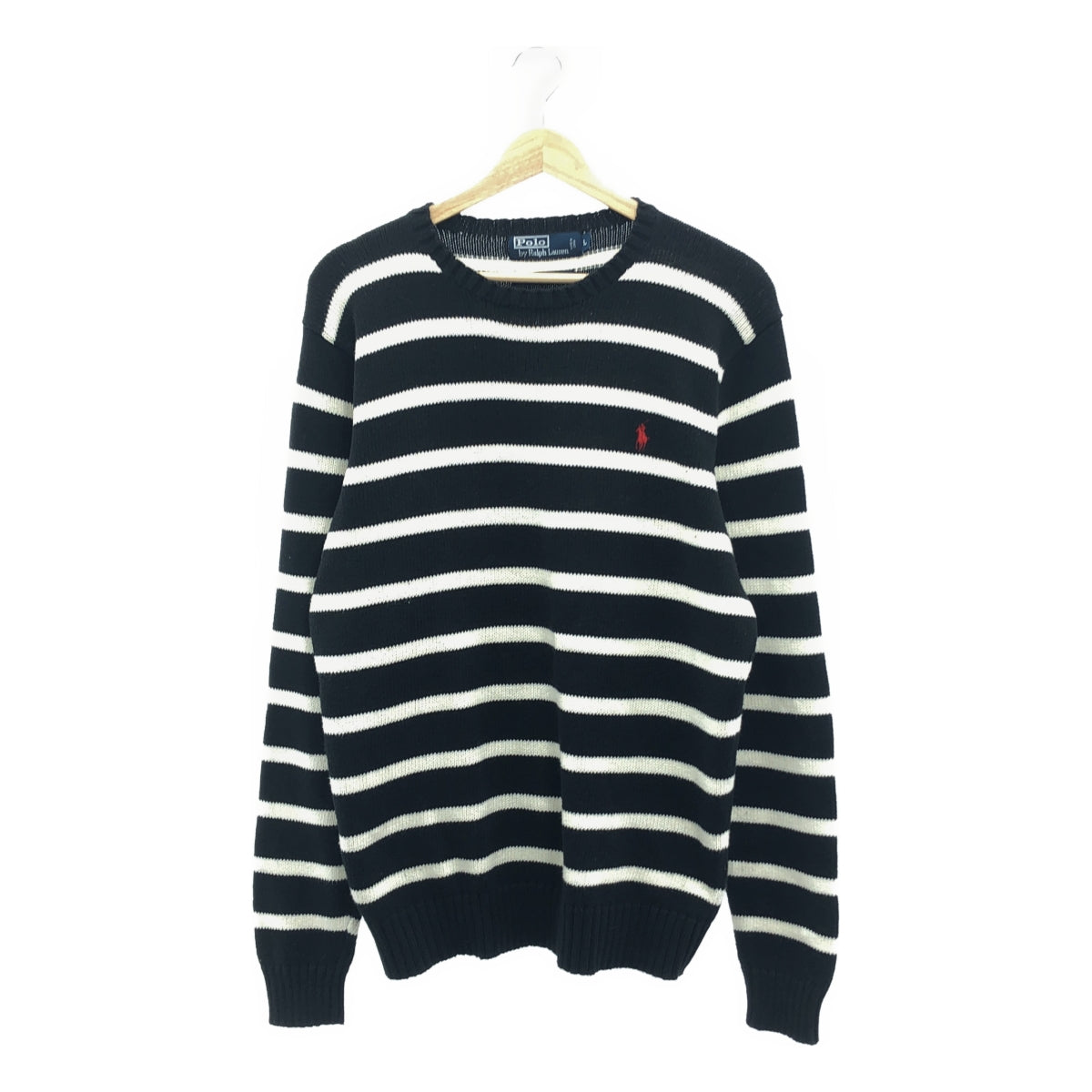 POLO BY RALPH LAUREN / 폴로바이랄 플로렌 | 크루넥 테두리 코튼 니트 | L | 블랙 / 화이트 | 남성