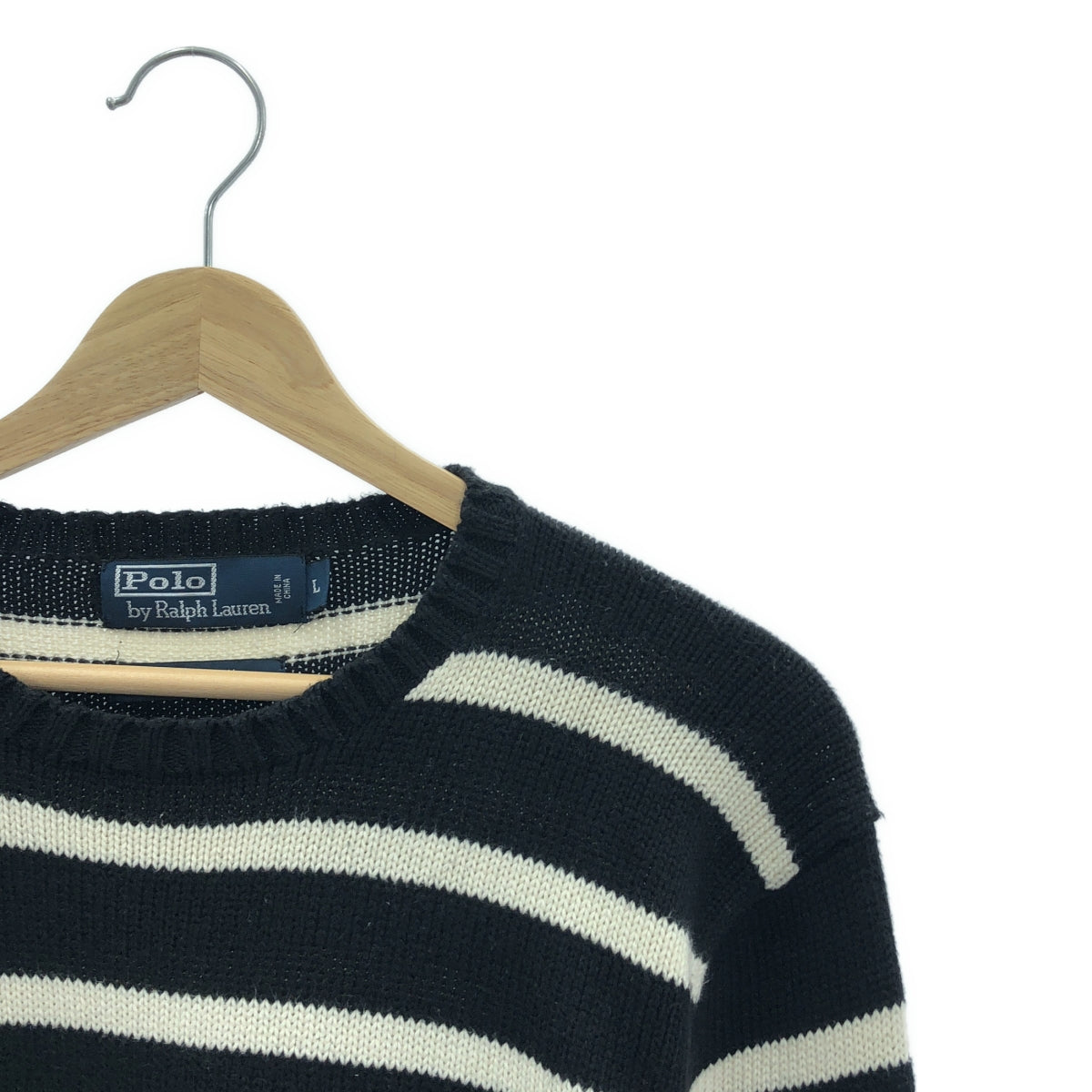 POLO BY RALPH LAUREN / 폴로바이랄 플로렌 | 크루넥 테두리 코튼 니트 | L | 블랙 / 화이트 | 남성