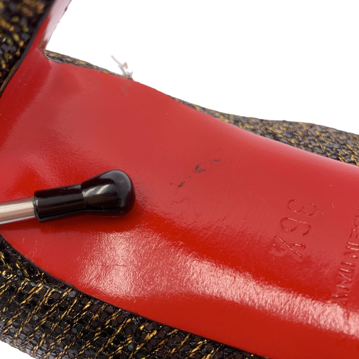 Christian Louboutin / クリスチャンルブタン | リボン オープントゥ パンプス | 36 1/2 | ブラック / ゴールド | レディース