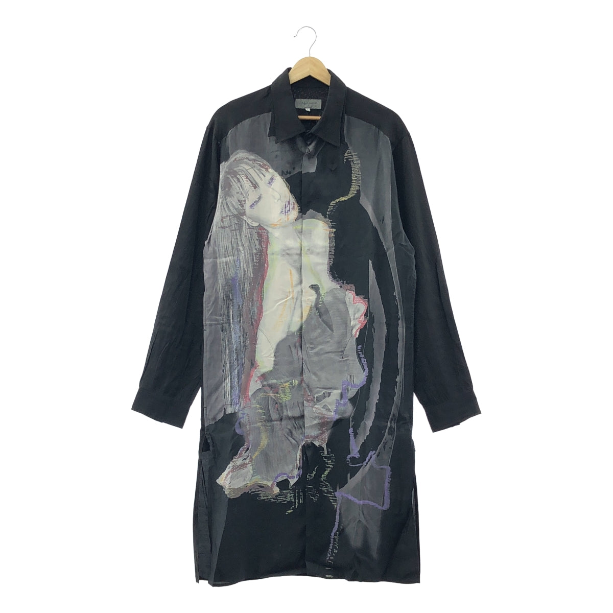 【美品】  YOHJI YAMAMOTO POUR HOMME / ヨウジヤマモトプールオム | 2024AW | LADY DESIGN LONG BLOUSE DEFORMED COLLAR レイヤードカラー レディーデザイン レーヨンシルク ロング シャツ | 3 | ブラック / マルチカラー | メンズ