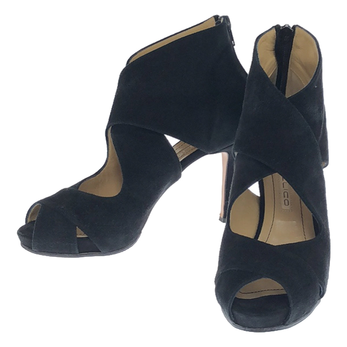 [Beautiful Condition] PELLICO | Suede Leather Cross Strap Open Toe Heel Pumps | Size 37 | Black | Women's