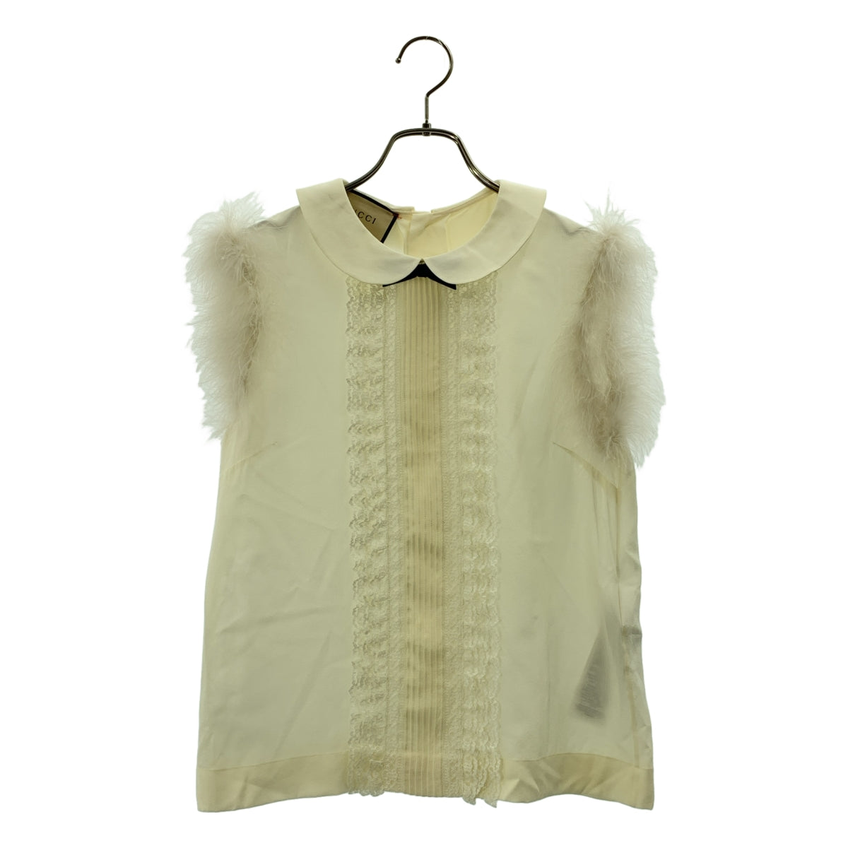 GUCCI / グッチ | シルク フェザー フリル装飾 ラウンドカラー ノースリーブブラウス | 38 | レディース