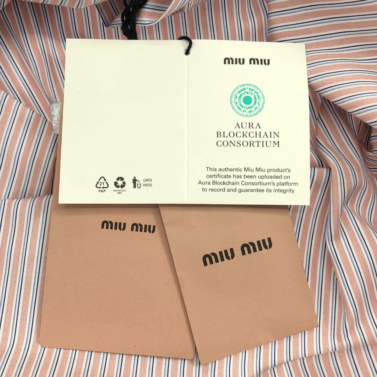 [狀況極佳] Miu Miu | 2024 | 條紋羈扣襯衫 | 尺寸 38 | 粉紅/淺藍/白 | 女款