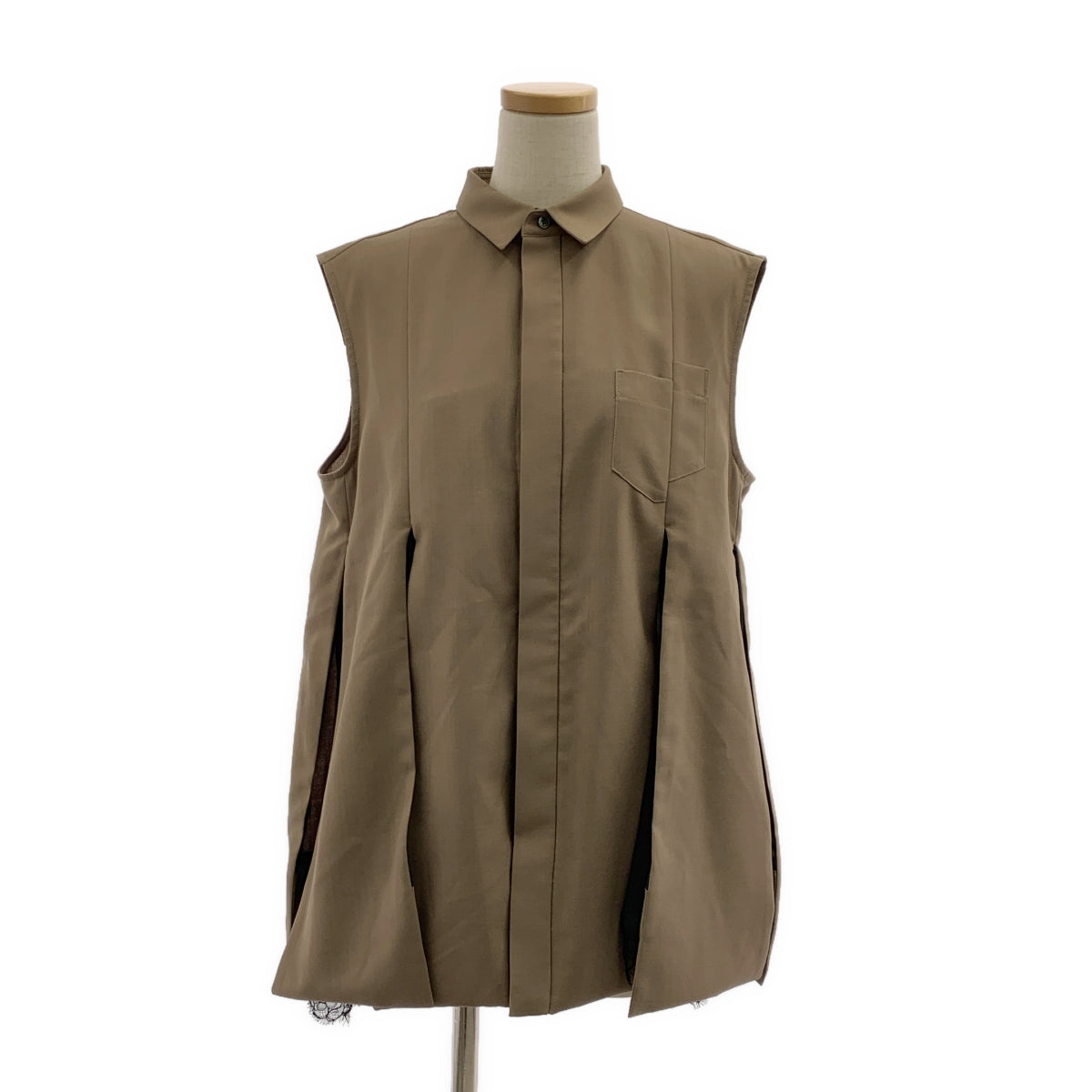 【美品】  sacai / サカイ | 2024SS | Chiffon Mix Suiting Shirt  / レースドッキング ロゴボタン ボリューム ノースリーブ ブラウス シャツ | 1 | カーキ/ブラック | レディース