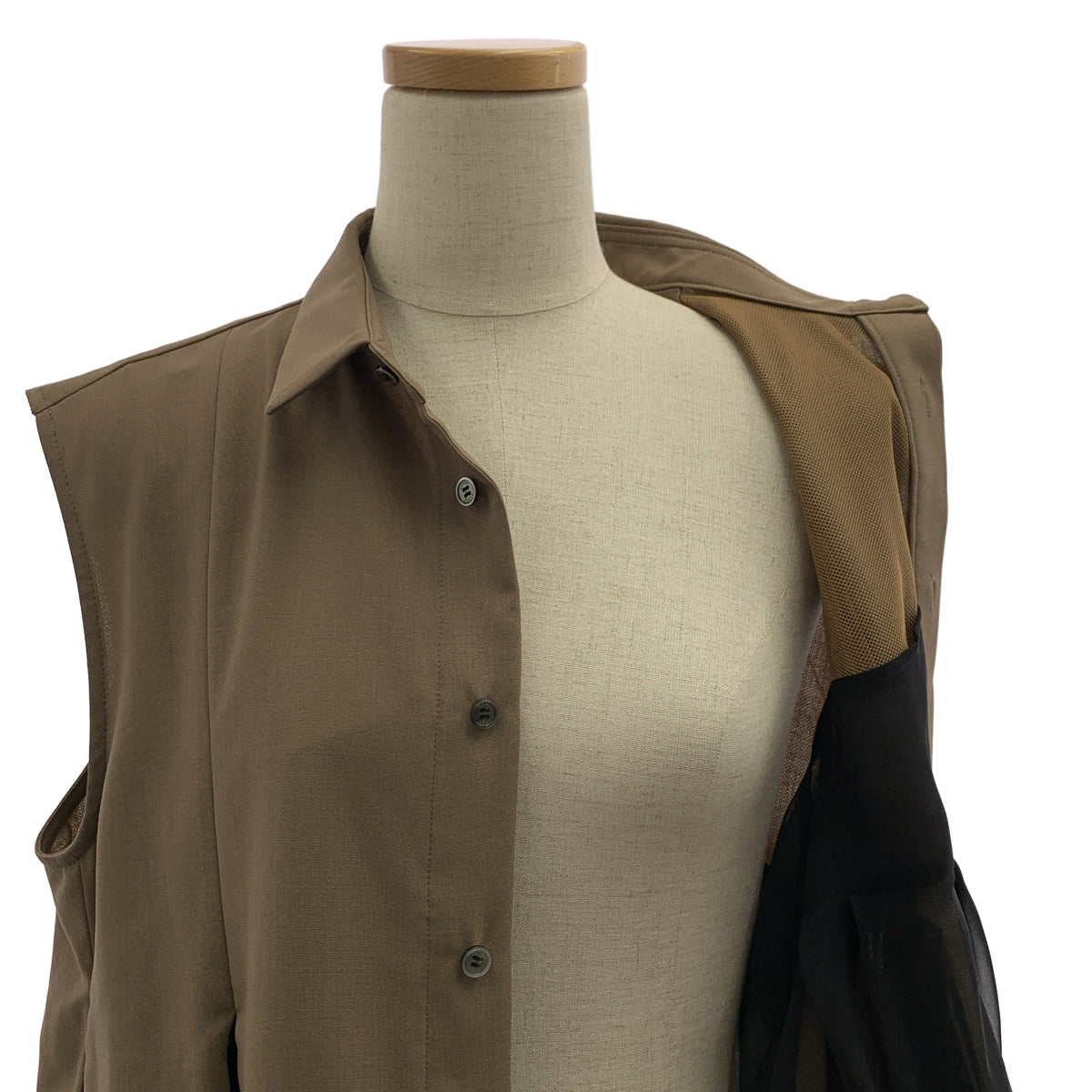 【美品】  sacai / サカイ | 2024SS | Chiffon Mix Suiting Shirt  / レースドッキング ロゴボタン ボリューム ノースリーブ ブラウス シャツ | 1 | カーキ/ブラック | レディース