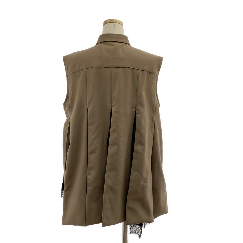 【成色極佳】sacai | 2024春夏 | 雪紡混紡西裝襯衫 | 蕾絲飾邊Logo無袖紐扣襯衫 | 1碼 | 卡其色/黑色 | 女款