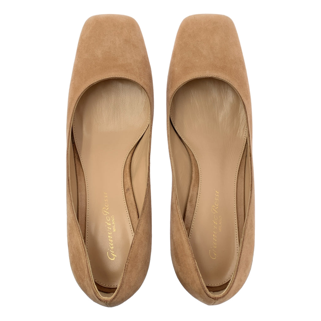 Gianvito Rossi / 쟌비트로시 | 스웨이드 가죽 스퀘어 투 청키 힐 펌프스 | 35 1/2 | 라이트 브라운 | 여성
