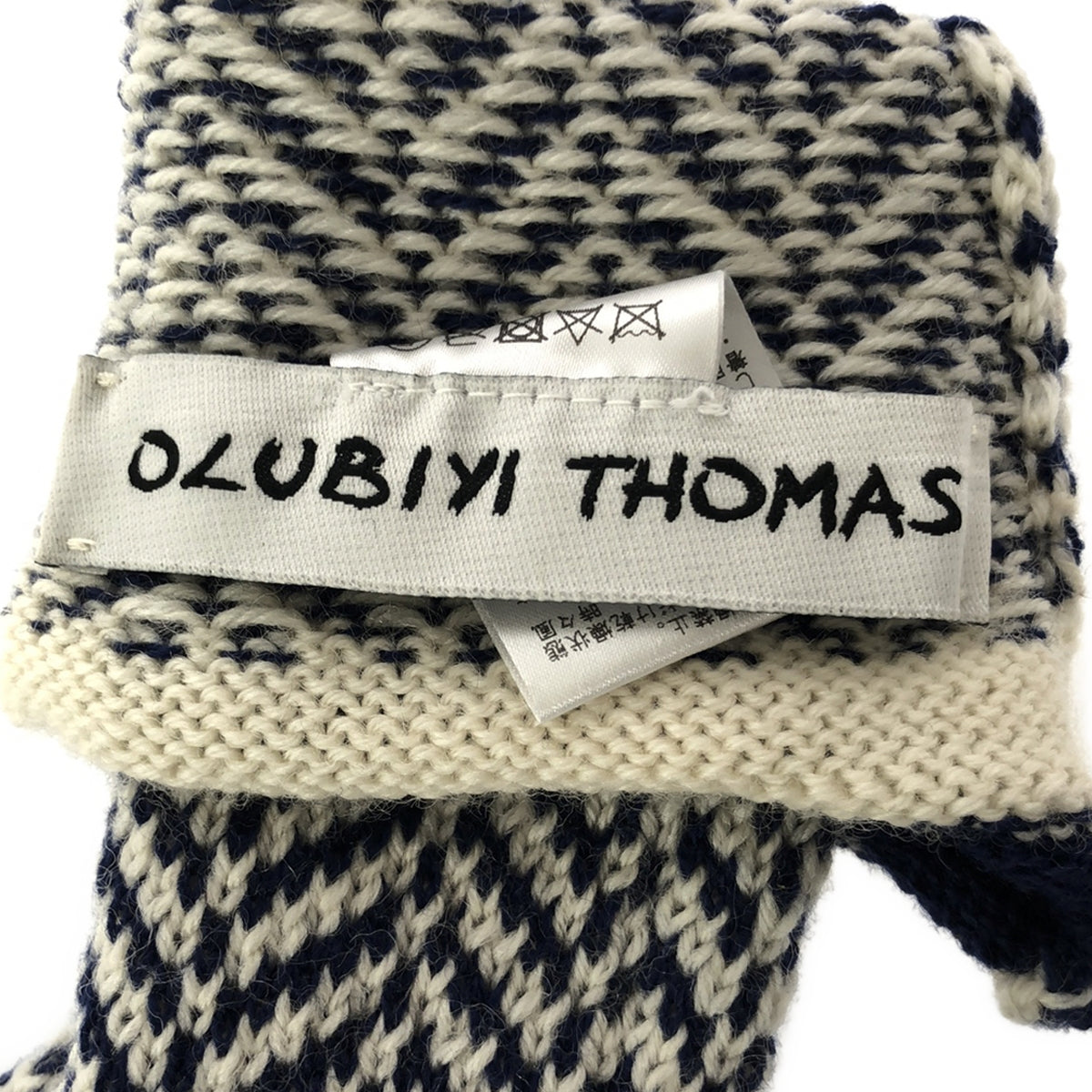 【新品】  OLUBIYI THOMAS / オルヴィトーマス | 2021AW | hand knitted wrist warmers gloves ウール ジャガード フィンガーレスグローブ アームウォーマー | F | ネイビー