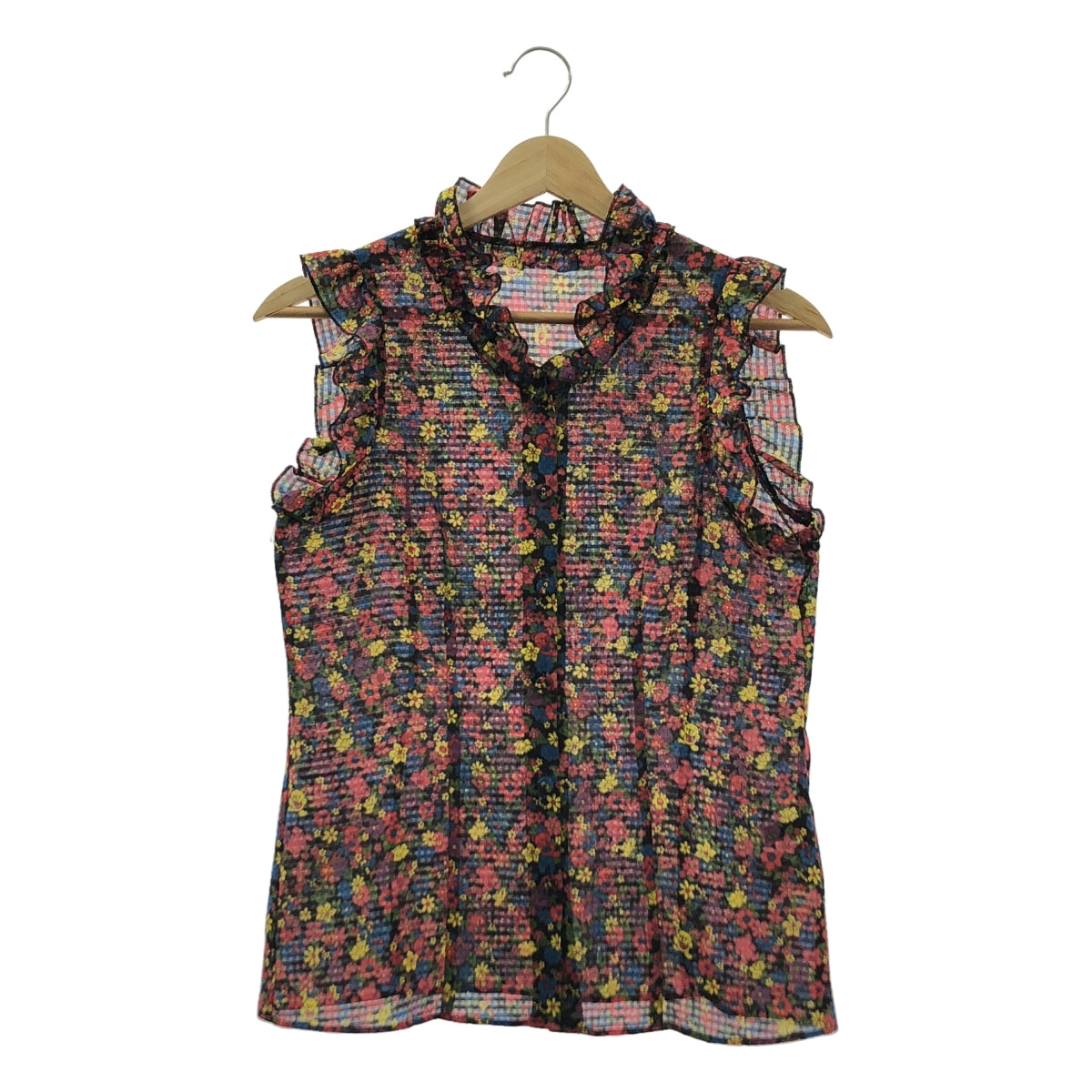 HYSTERIC GLAMOUR / ヒステリックグラマー | FLOWER BEAR 総柄 ノースリーブ フリル ブラウス | S | ブラック系 | レディース