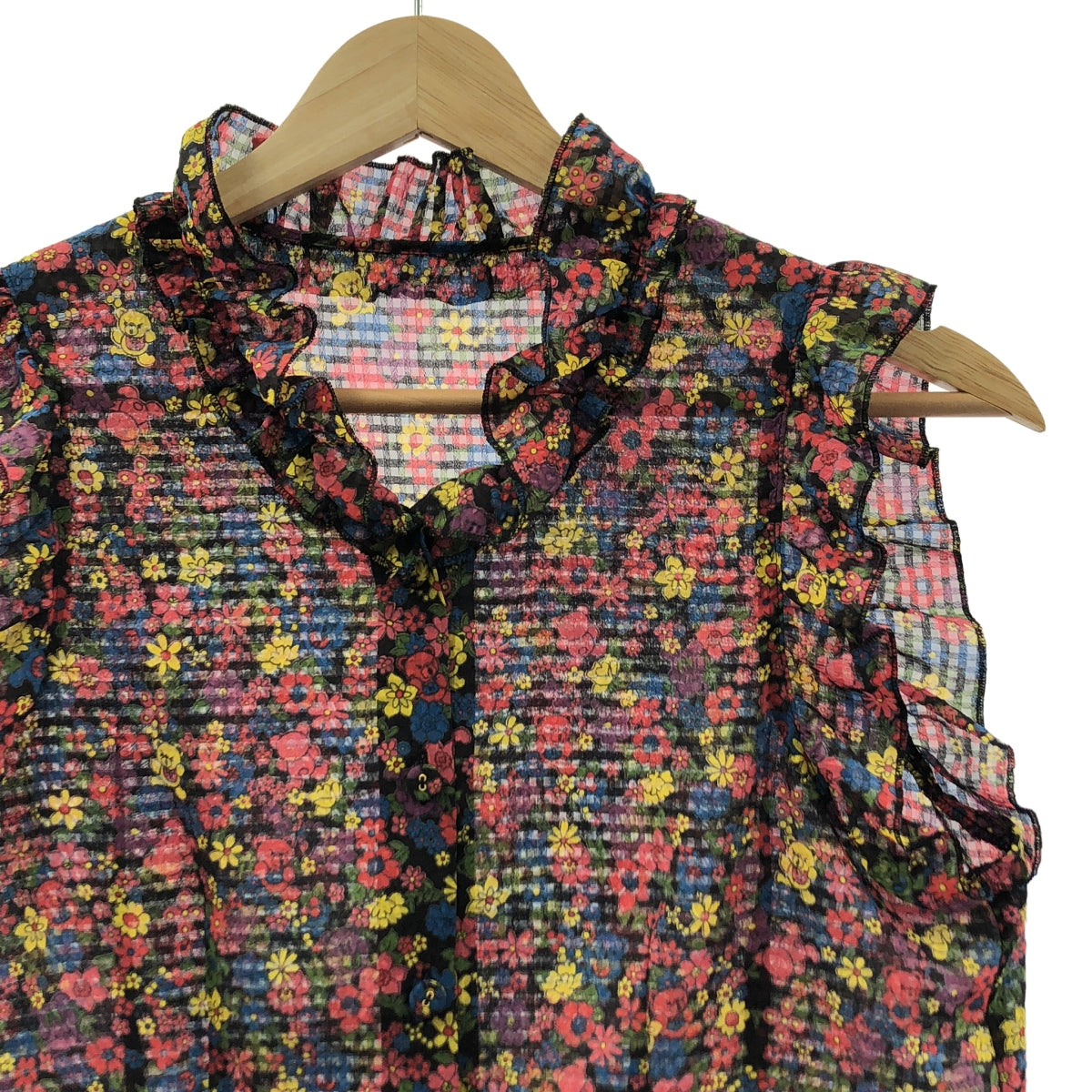 HYSTERIC GLAMOUR / ヒステリックグラマー | FLOWER BEAR 総柄 ノースリーブ フリル ブラウス | S | ブラック系 | レディース