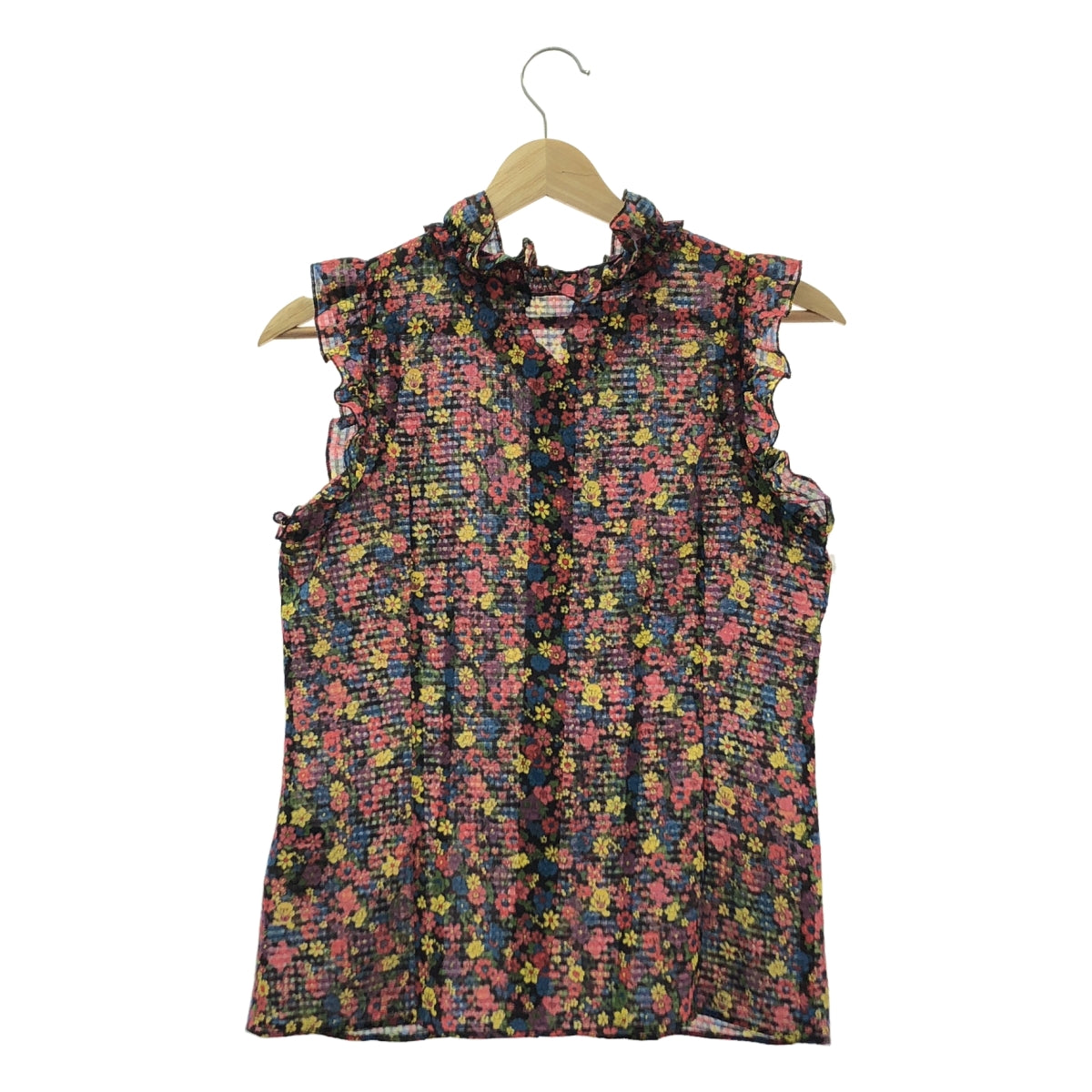 HYSTERIC GLAMOUR / ヒステリックグラマー | FLOWER BEAR 総柄 ノースリーブ フリル ブラウス | S | ブラック系 | レディース