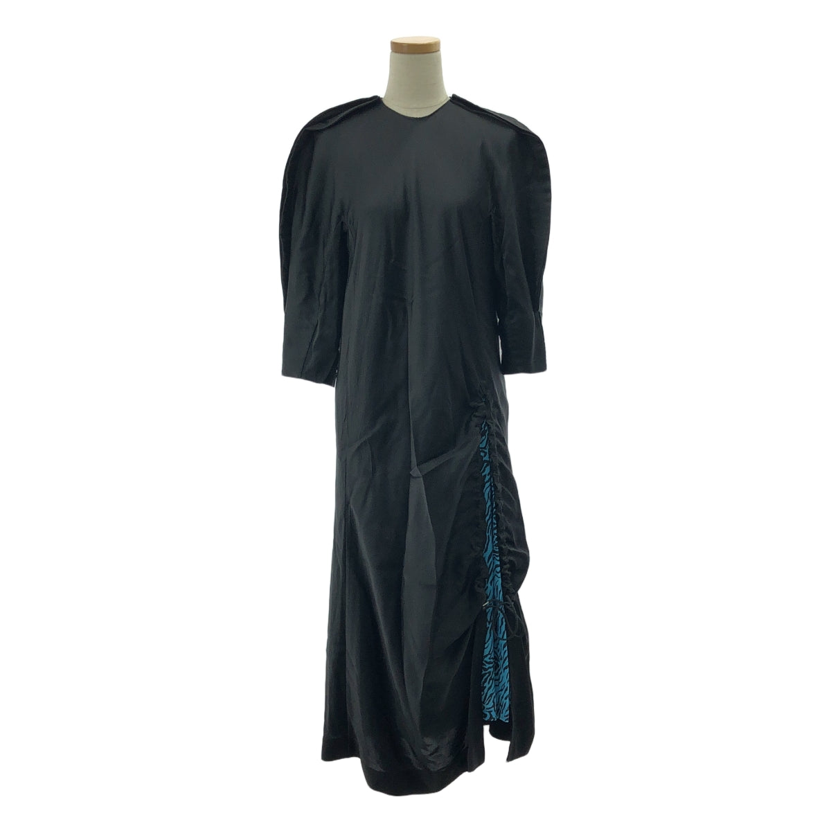 【美品】  TOGA PULLA / トーガプルラ | ACETATE SATIN DRESS / ドローストリング ギャザー ワンピース | 36 | ブラック/ライトブルー | レディース