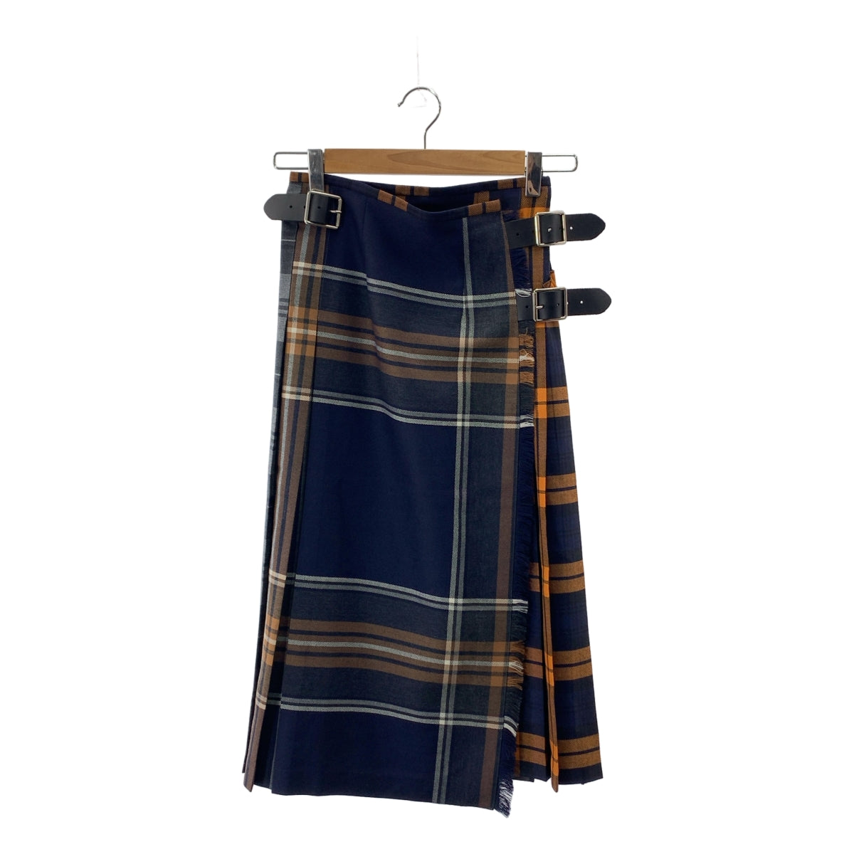 【美品】  O'NEIL OF DUBLIN / オニールオブダブリン | レザー切替 チェック キルト ラップスカート | 4 | ネイビー/オレンジ | レディース