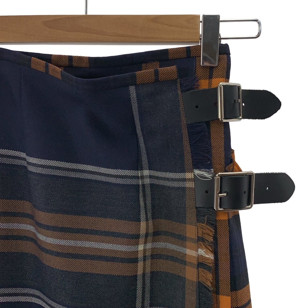 【美品】  O'NEIL OF DUBLIN / オニールオブダブリン | レザー切替 チェック キルト ラップスカート | 4 | ネイビー/オレンジ | レディース